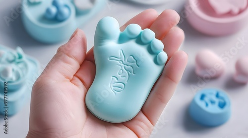 Hand Holding a Baby’s Footprint Mold: A hand holding a baby’s footprint mold, with soft, pastel colors and baby items in the background. 
 photo