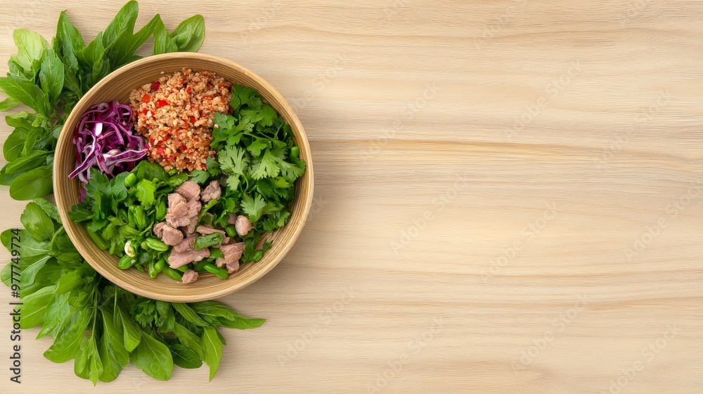 Traditional larb, Isaan spicy salad, Thai minced meat. Traditional larb, Isaan spicy salad, Thai minced meat.