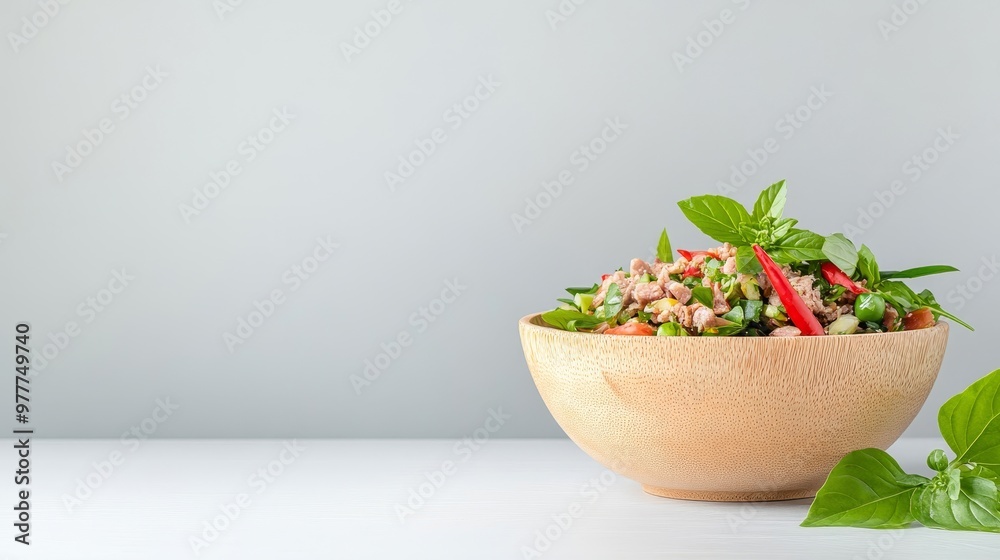 Traditional larb, Isaan spicy salad, Thai minced meat. Traditional larb, Isaan spicy salad, Thai minced meat.
