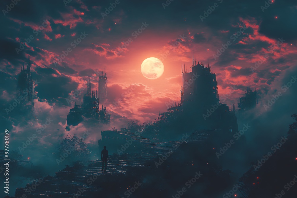 Fantasy landscape with red moon, clouds, and dark towers Fantasy landscape with red moon, clouds, and dark towers