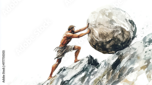 watercolor illustration of Sisyphus rolling enormous boulder rock up hill on white background