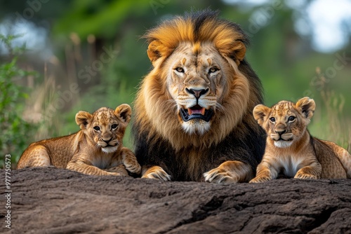 Kenya lion pride lounging together in the Kenyan savannah, with cubs playfully wrestling nearby