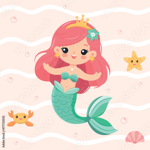 Sweet and kind mermaid with open arms and crown underwater. Vector Illustration in flat cartoon style photo