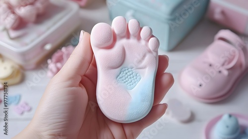 Hand Holding a Baby’s Footprint Mold: A hand holding a baby’s footprint mold, with soft, pastel colors and baby items in the background. 
 photo