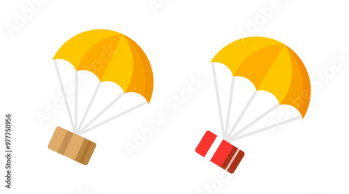 Parcel box and gift present delivery drop shipping icon via parachute vector simple flat cartoon graphic illustration set, postal mail carton product package airdrop image clip art isolated
