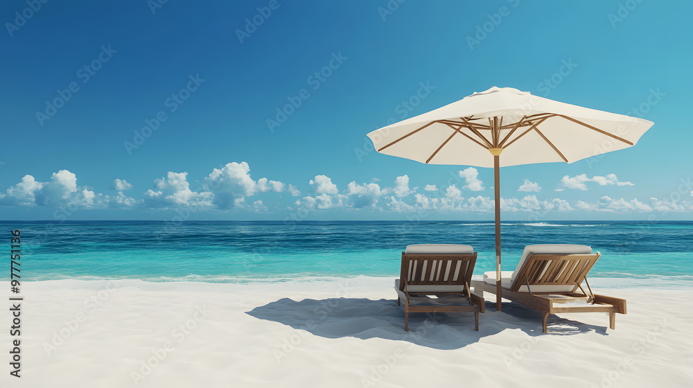 Obraz premium Chairs with comfortable cushions and a large white beach umbrella casting soft shadows on fine white sand. The clear turquoise water gently touches the shore, giving a sense of peace and relaxation.