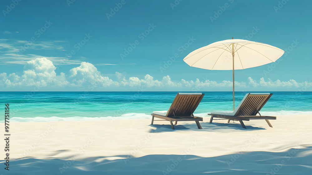 Chairs with comfortable cushions and a large white beach umbrella casting soft shadows on fine white sand. The clear turquoise water gently touches the shore, giving a sense of peace and relaxation. Chairs with comfortable cushions and a large white beach umbrella casting soft shadows on fine white sand. The clear turquoise water gently touches the shore, giving a sense of peace and relaxation.