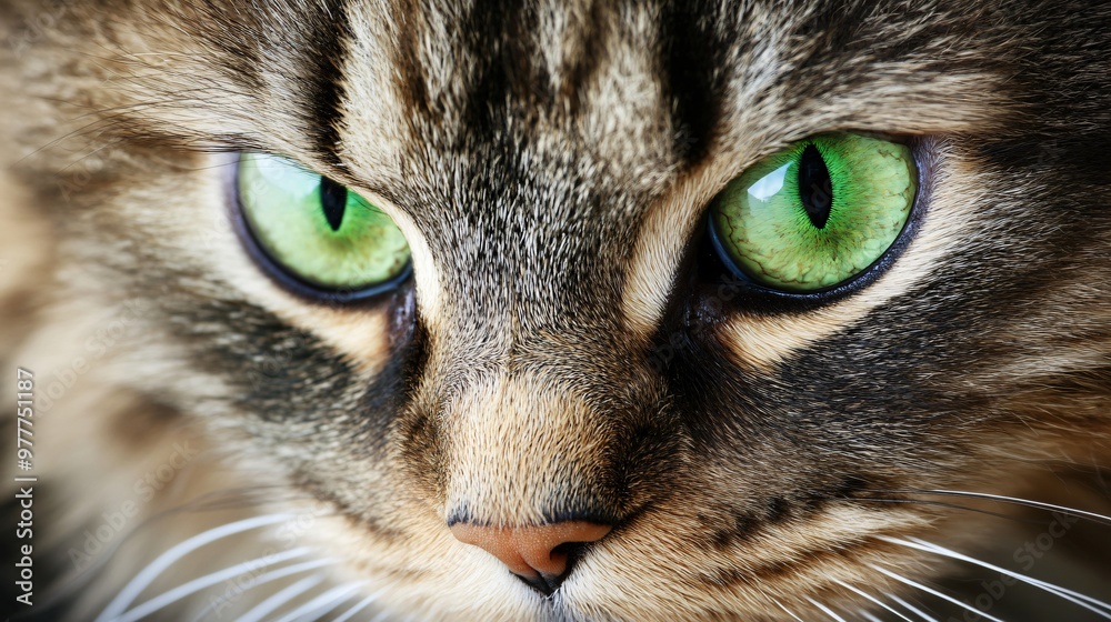 A close-up portrait of a sawet cat with striking green eyes, showcasing its detailed fur texture against a light solid color backdrop A close-up portrait of a sawet cat with striking green eyes, showcasing its detailed fur texture against a light solid color backdrop