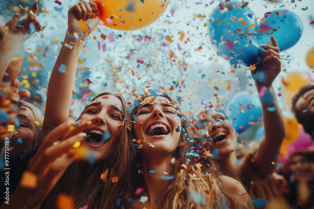 Fototapeta premium A lively gathering of friends celebrating with laughter, confetti, and colorful balloons in a joyful outdoor setting on a sunny day
