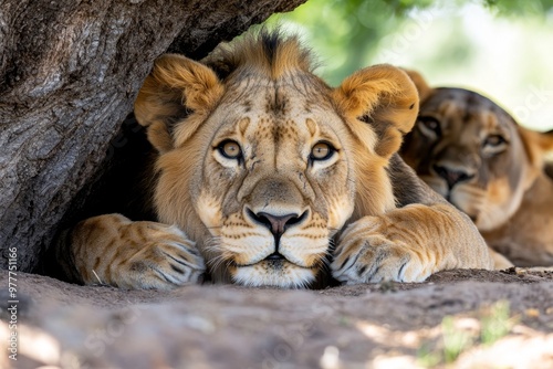 Kenya lion pride resting in a cool, shady spot beneath a large tree, avoiding the midday heat