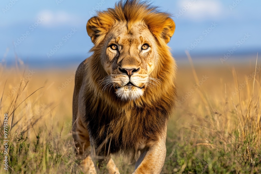 Kenya lion prowling through tall grass, its golden mane blending with the dry landscape Kenya lion prowling through tall grass, its golden mane blending with the dry landscape
