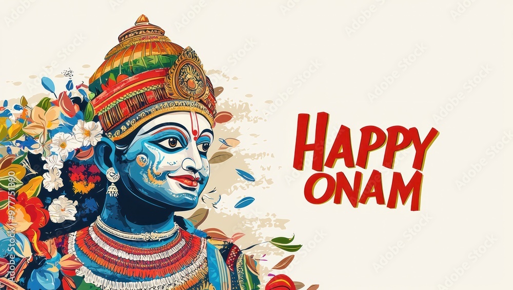 Fototapeta premium Vector illustration of the happy Onam festival with a Kathakali mask in an abstract background with the text 
