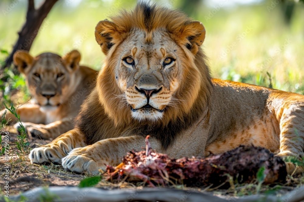 Kenya lion resting after a successful hunt, with the rest of the pride gathered around the remains of the prey Kenya lion resting after a successful hunt, with the rest of the pride gathered around the remains of the prey