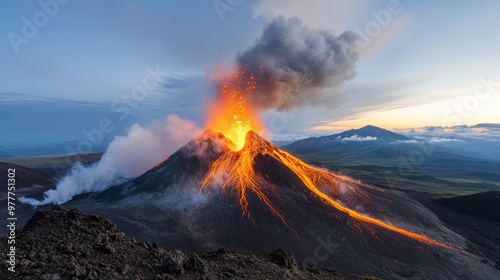 Volcano eruption, fiery natural event, molten spectacle. photo