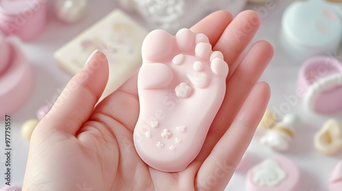 Hand Holding a Baby’s Footprint Mold: A hand holding a baby’s footprint mold, with soft, pastel colors and baby items in the background. 
 photo