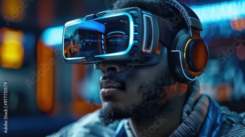 A stylish young man wearing virtual reality glasses. A man wearing virtual reality glasses