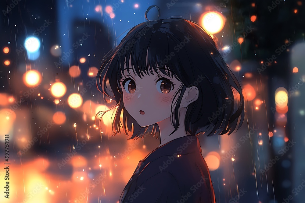 Anime girl looking up at the rain in a city at night with bokeh lights Anime girl looking up at the rain in a city at night with bokeh lights