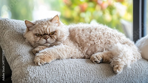 A fluffy Selkirk Rex cat lounging on a soft pillow, showcasing its unique curly fur and playful expression photo