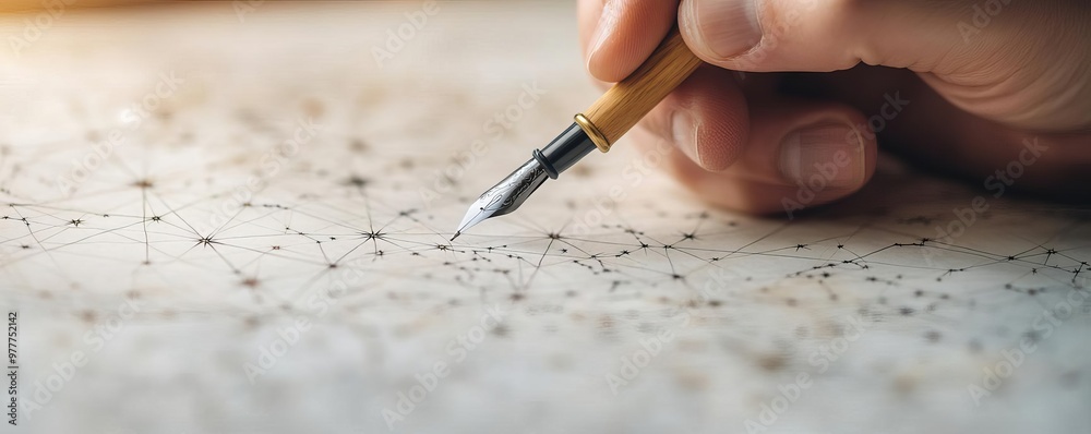 Close-up of an astrologer s hand tracing a constellation map with a quill pen, vintage and detailed Close-up of an astrologer s hand tracing a constellation map with a quill pen, vintage and detailed