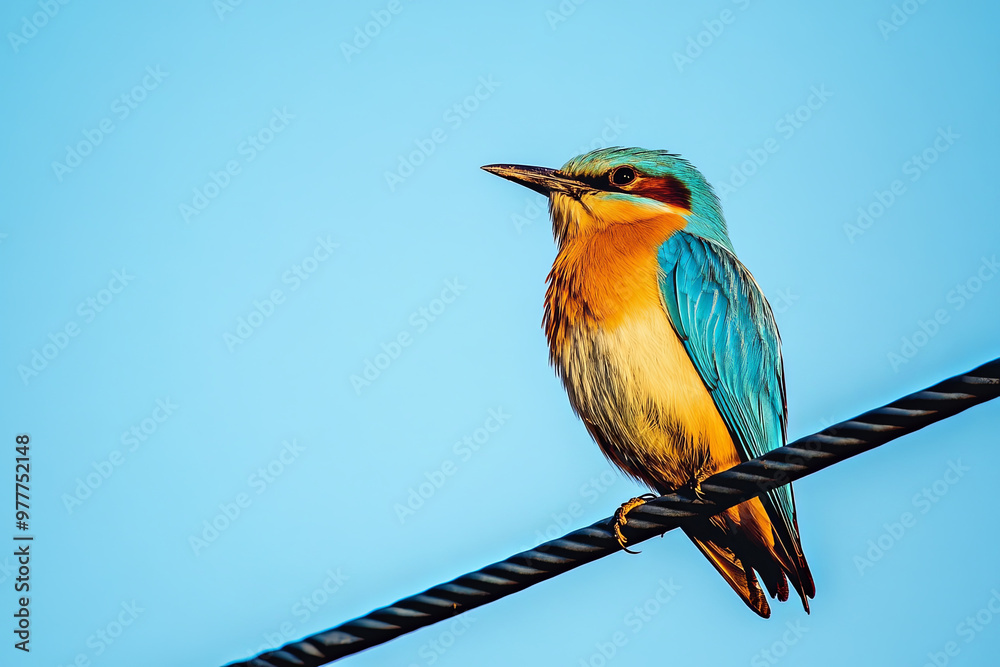 Fototapeta premium Bird cleaning its feathers while perched on a power line 