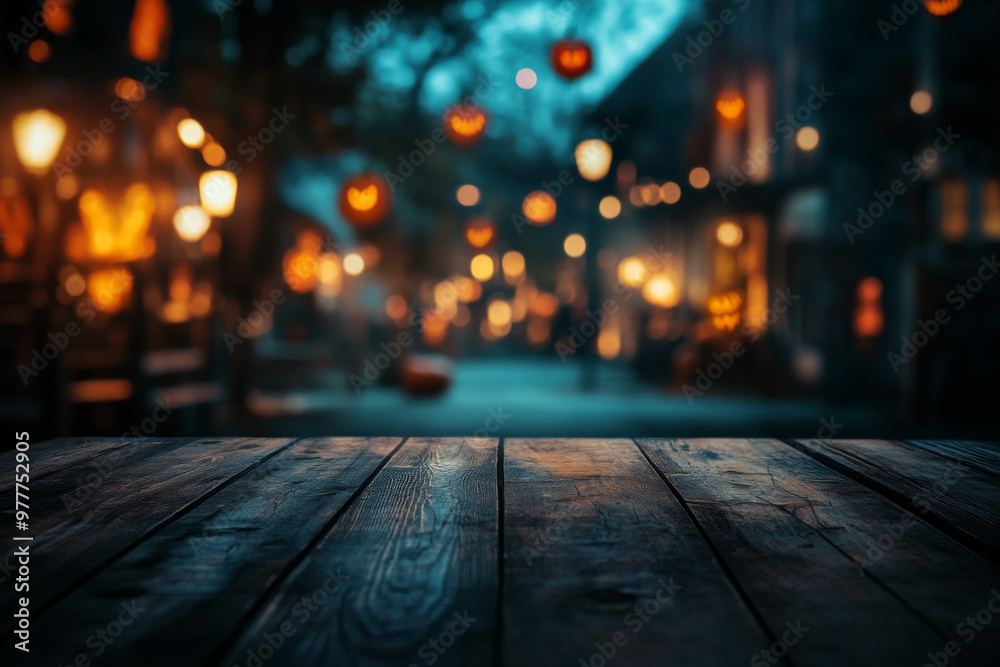 Empty wooden table and blurred with Halloween background. Halloween night. Mockup. Copy Space Empty wooden table and blurred with Halloween background. Halloween night. Mockup. Copy Space