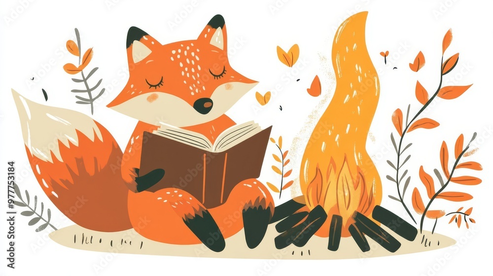 Fototapeta premium Adorable fox reading a book by the campfire surrounded by autumn leaves in a whimsical illustration.