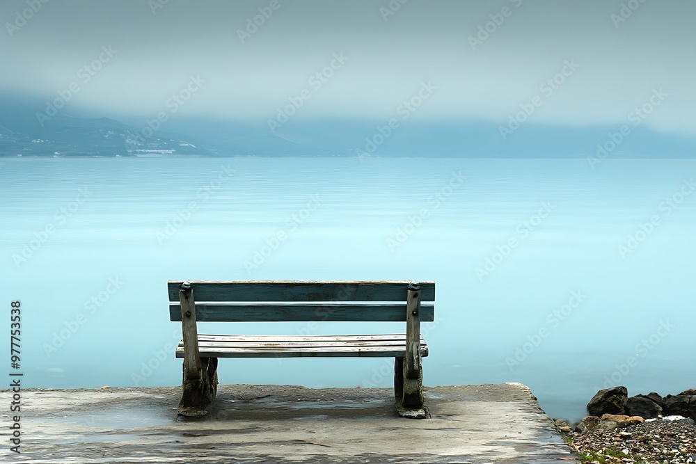 Lonely Bench by Foggy Sea, Tranquil Mood, Scenic View Lonely Bench by Foggy Sea, Tranquil Mood, Scenic View