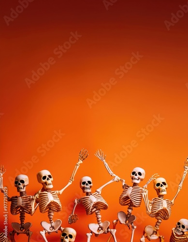 Skeletons dancing on orange photo