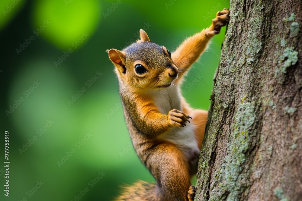 Squirrel climbing up a tree trunk with incredible speed, pausing to look back Squirrel climbing up a tree trunk with incredible speed, pausing to look back