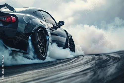 A black sports car is driving down a road with smoke coming out of its tires, generative ai image photo