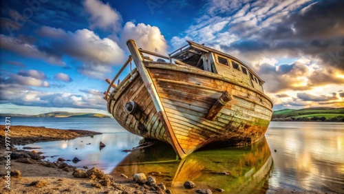 Close up of a weathered and abandoned old boat wreck on shore