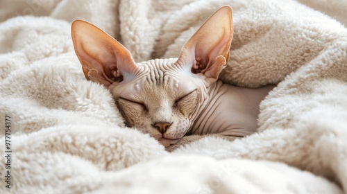 A close-up of a Sphynx cat lounging comfortably on a soft blanket, showcasing its unique hairless skin and large ears photo