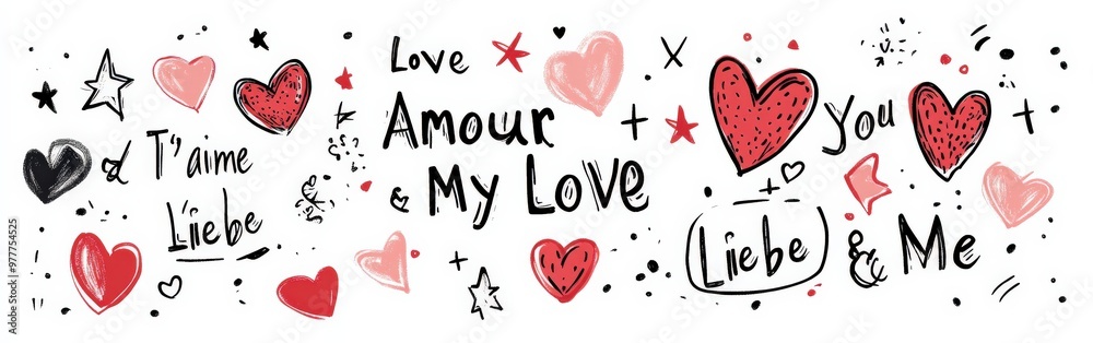 Hand-Drawn Love Doodles with Hearts and Cute Romantic Words Hand-Drawn Love Doodles with Hearts and Cute Romantic Words