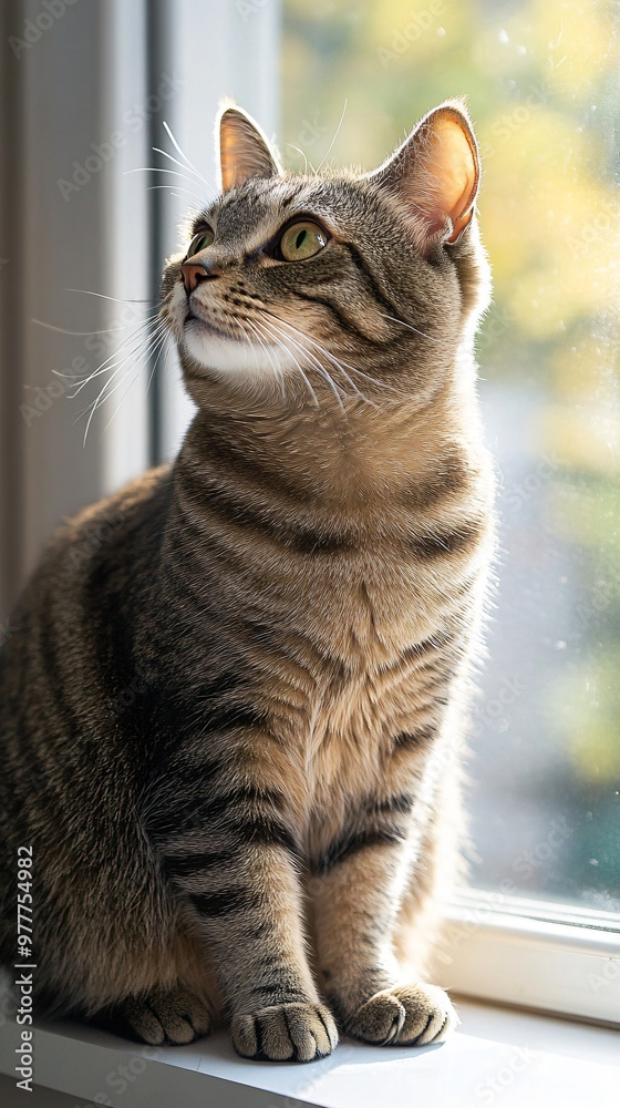 An adorable tabby cat perched on a windowsill, sunlight illuminating its fur, creating a serene atmosphere with a soft background An adorable tabby cat perched on a windowsill, sunlight illuminating its fur, creating a serene atmosphere with a soft background