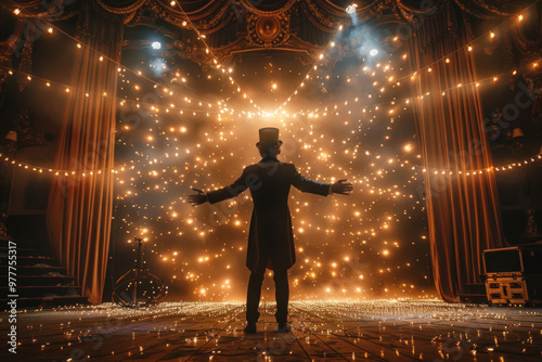 Magician performing with confetti falling in theater