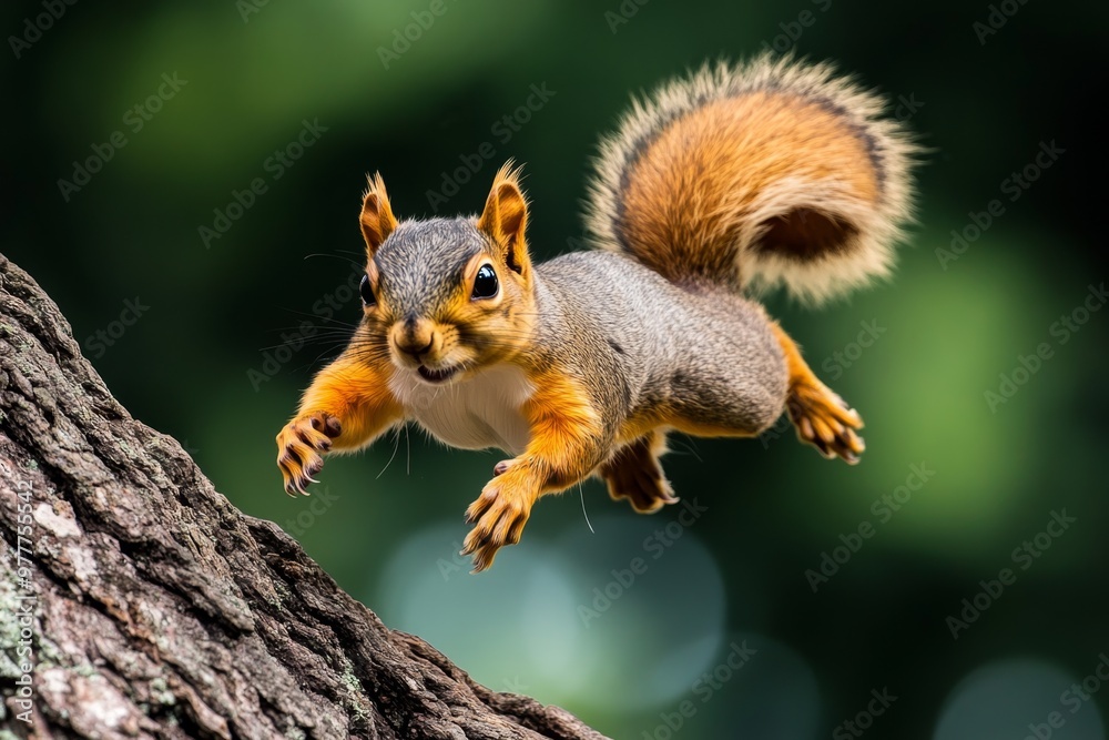 Obraz premium Squirrel gliding down from a tree, using its tail to balance as it lands on a lower branch