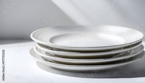 A white ceramic dinner plate set, neatly stacked on a white background photo