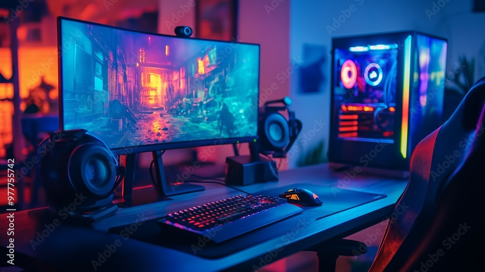 Sleek gaming setup with dual screens and vibrant RGB lights in a dark room showcasing esports competitions Sleek gaming setup with dual screens and vibrant RGB lights in a dark room showcasing esports competitions
