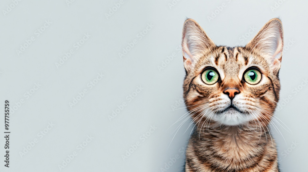 A close-up portrait of a tiger cat with striking green eyes against a light solid color background A close-up portrait of a tiger cat with striking green eyes against a light solid color background