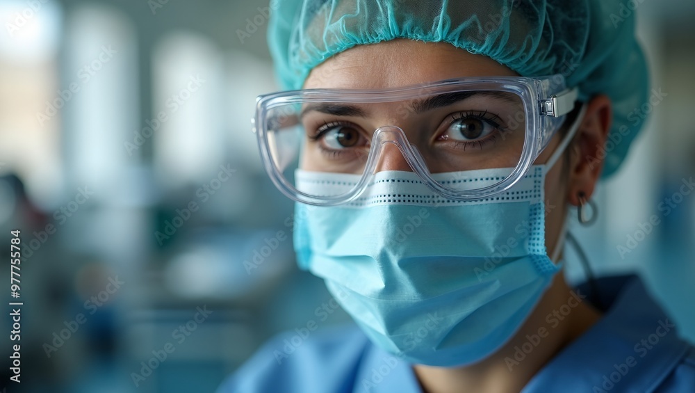 Determined healthcare worker in PPE with soft lighting and blurred hospital equipment in background Determined healthcare worker in PPE with soft lighting and blurred hospital equipment in background