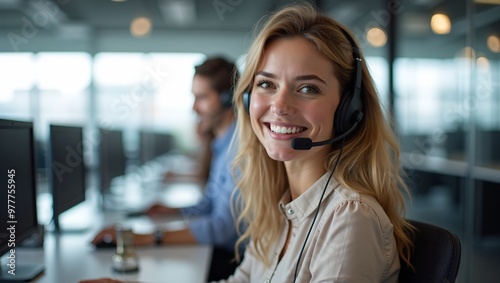 Confident customer service worker in bright call center