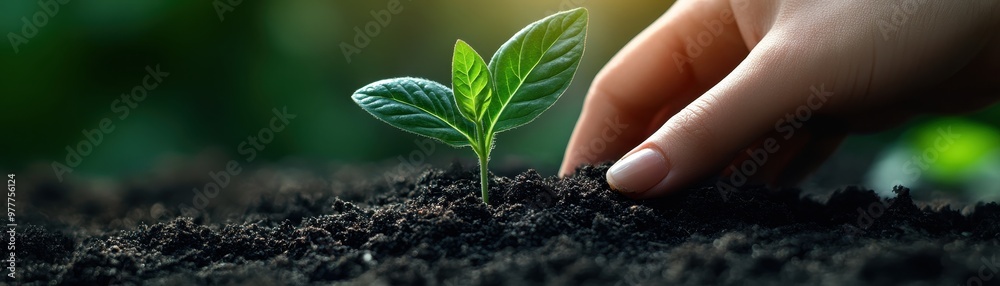 Manicured fingers gently putting a colorful seedling into rich, dark soil, showcasing growth and nurturing Manicured fingers gently putting a colorful seedling into rich, dark soil, showcasing growth and nurturing