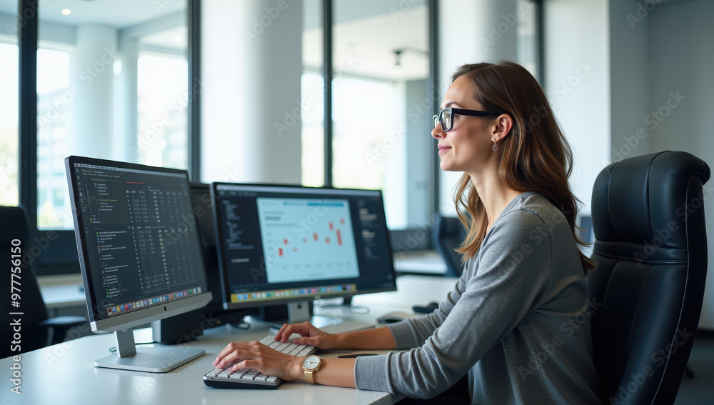 Businesswoman analyzing stock market data on computer in modern office Businesswoman analyzing stock market data on computer in modern office