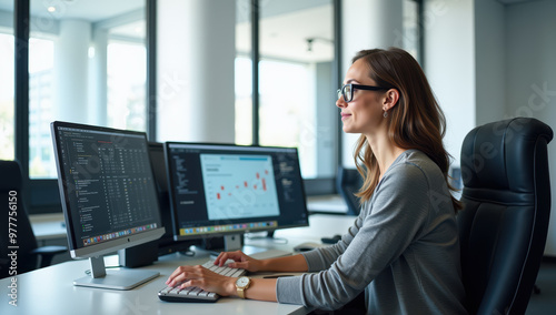 Businesswoman analyzing stock market data on computer in modern office