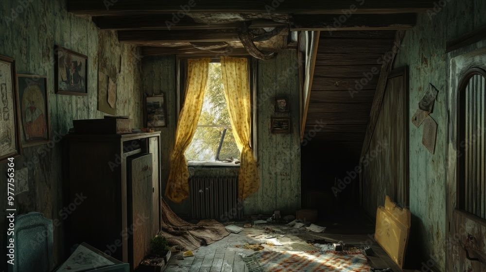 A Dusty and Abandoned Room with a Window and a View of Trees A Dusty and Abandoned Room with a Window and a View of Trees