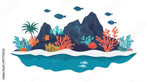 Colorful underwater coral reef with fish and sea plants in a vector illustration, showcasing marine biodiversity and ocean scenery. photo