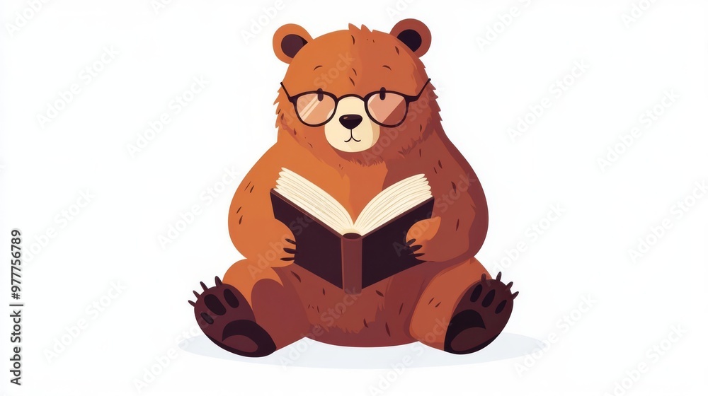 Cute brown bear wearing glasses and reading a book. Adorable illustration perfect for children's stories and educational materials. Cute brown bear wearing glasses and reading a book. Adorable illustration perfect for children's stories and educational materials.