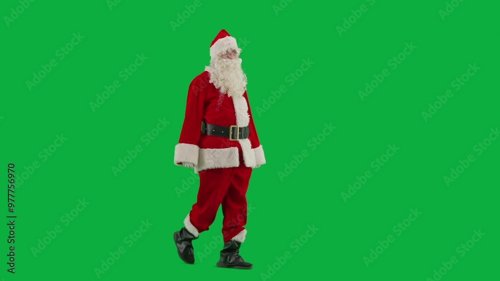 Portrait of man dressed as Santa on chroma key green screen background. Santa Claus in red outfit with beard and mustache walking looking around. Half turn.
