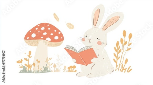 Cute bunny reading a book beside a mushroom in a whimsical forest setting, perfect for children's illustrations and storybooks.