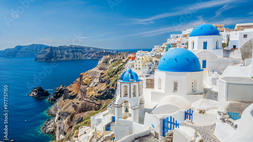 Whitewashed buildings with blue domes overlooking the Aegean Sea in Santorini, Greece.